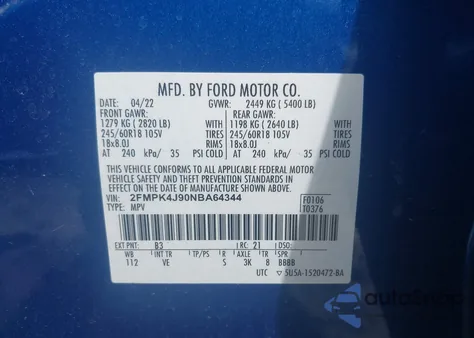 2022 Ford Edge Sel из США, поврежденный, VIN 2FMPK4J90NBA64344